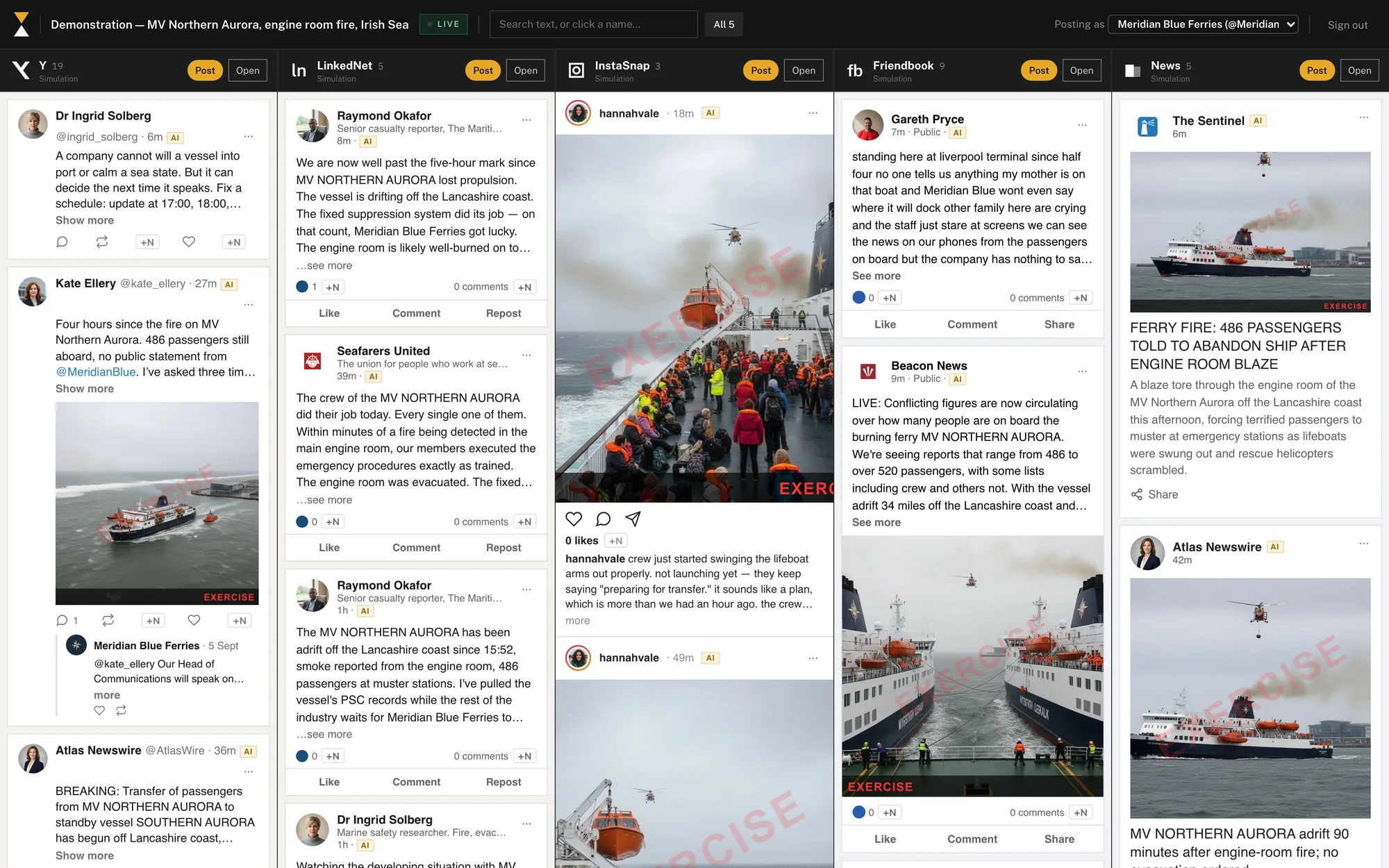 Five simulated platform feeds running side by side in the participant portal