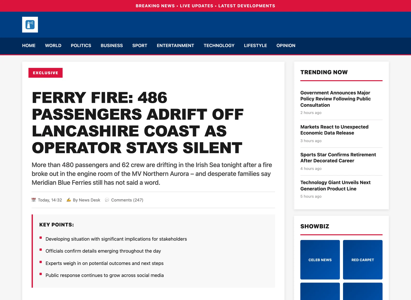 A generated news article rendered as a full website mock-up